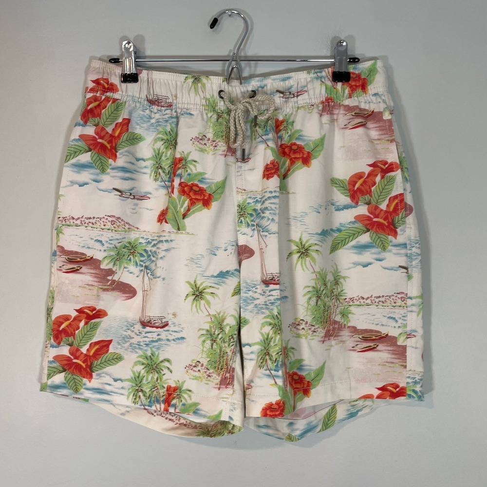 Faherty Mens Beacon Swim Trunks Tropical Hawaiian Print L Sailboat Board Shorts